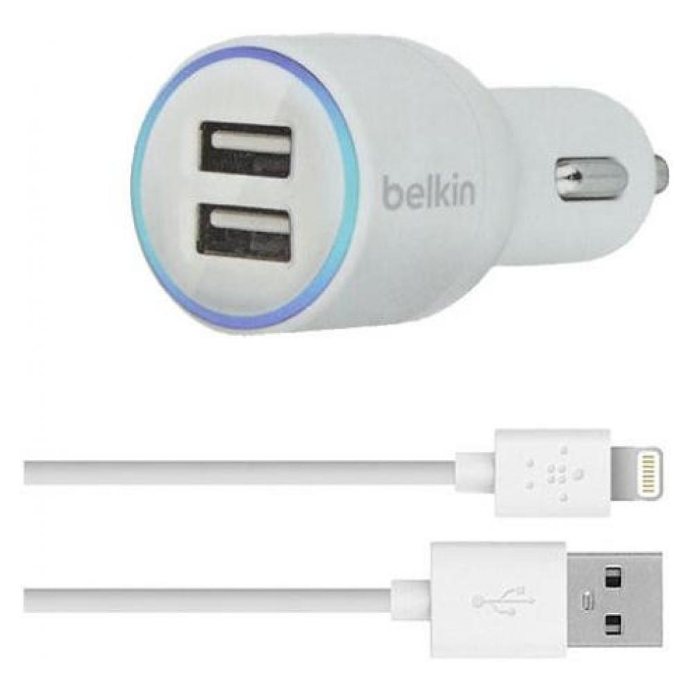 Автомобильное зарядное устройство Belkin Dual Car Charger (2 USB x 2.1 Amp) White + кабель Lightning